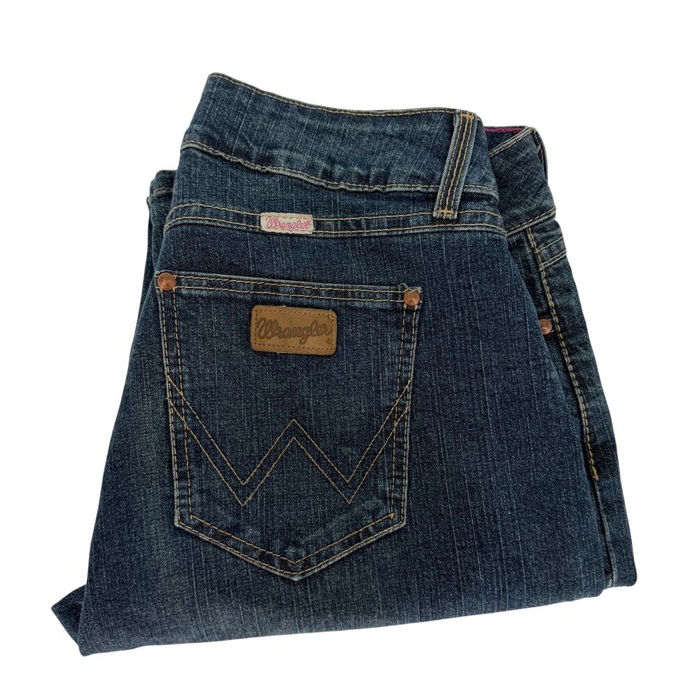 Wrangler Premium Patch Jeans Women's 9/10 x 32 Low Rise Boot Cut Pink Ribbon Mae